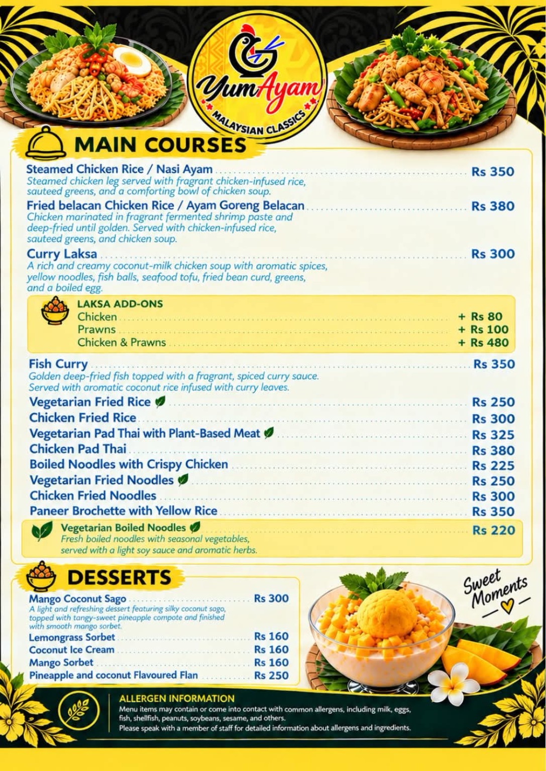 Yum Ayam main courses and desserts menu with prices in Mauritian rupees
